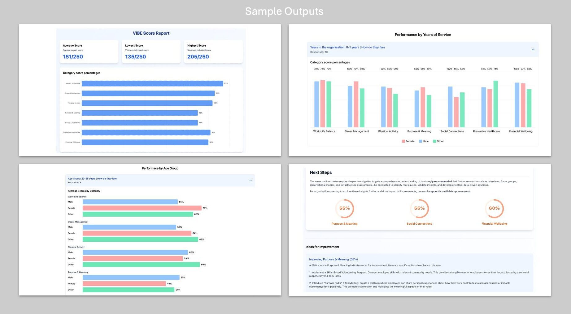VIBE Score outputs allow organizations to understand how their people are experiencing their work and the workplace.