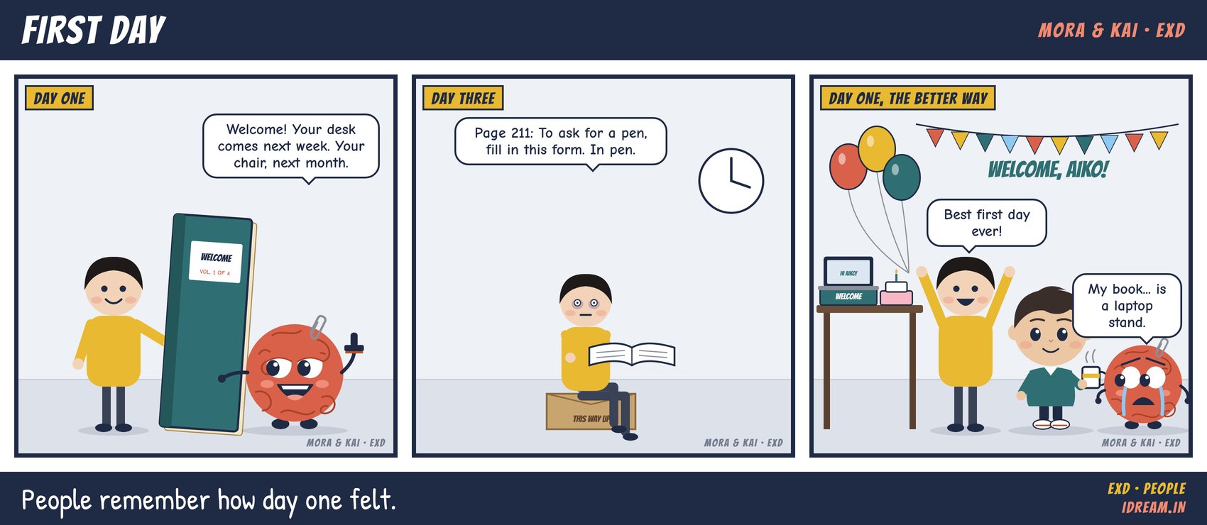Mora & Kai cartoon strip: First Day