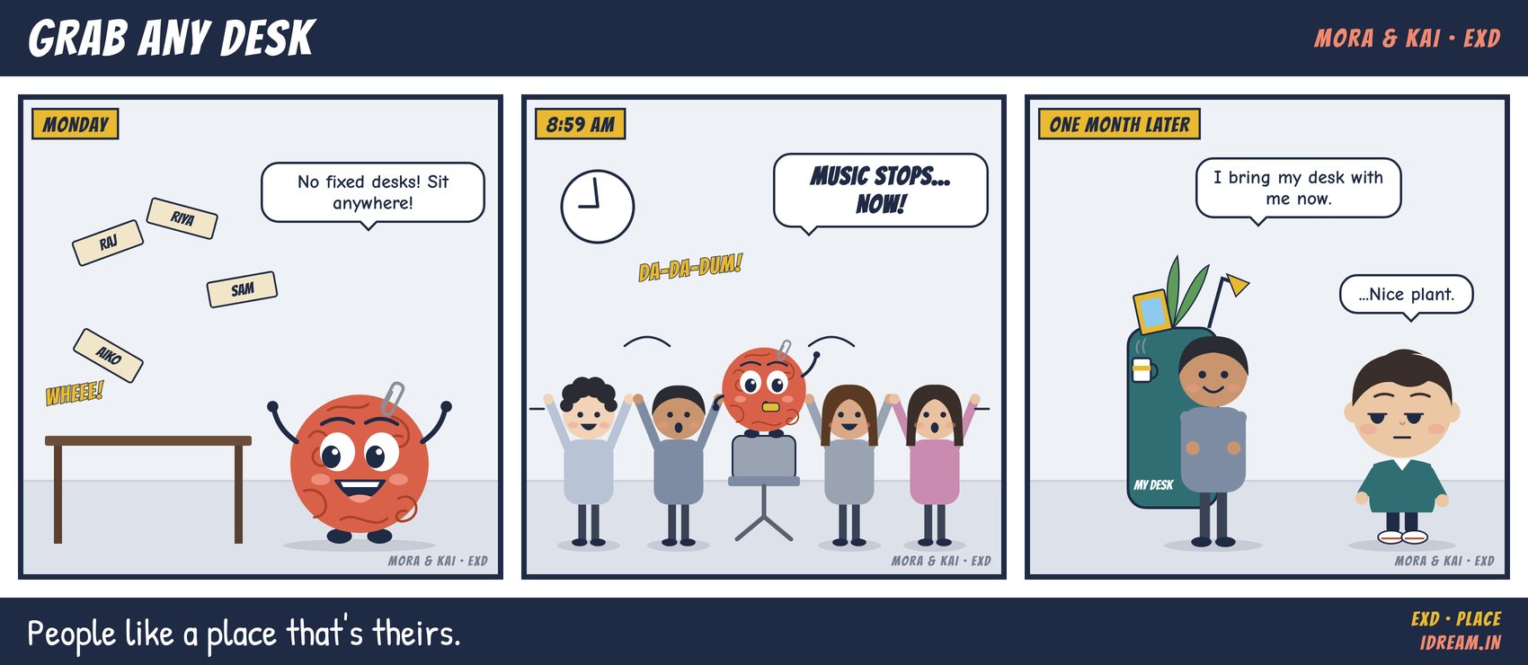 Mora & Kai cartoon strip: Grab Any Desk