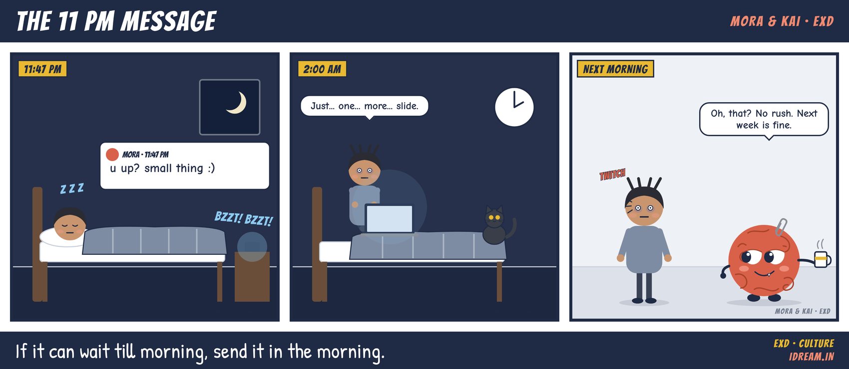 Mora & Kai cartoon strip: The 11 PM Message